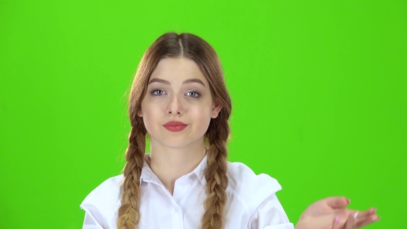 Girl in a White Blouse and Pigtails Green Screen