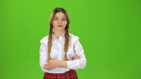 Girl Student with Two Pigtails Tired Green Screen