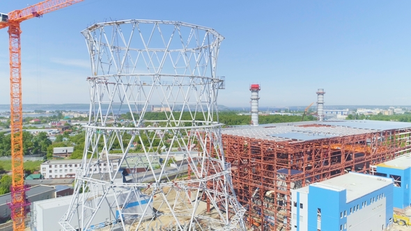 Motion Past Cooling Tower Metal Carcass on Site