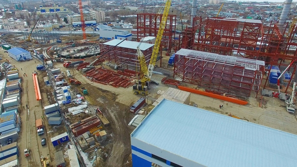 Camera Moves Around Workshops Huge Carcasses on Site