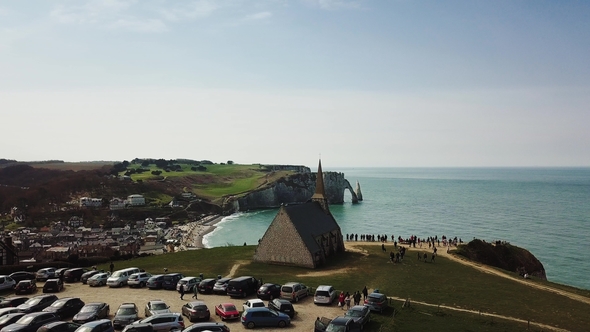 The Small Old Chapel in Etretat Found on the Top of the Cliff Fronting the Big Ocean alt