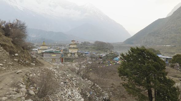 Nepalese Village Sama Gaon Among the Mountains Manaslu Circuit Trek Area