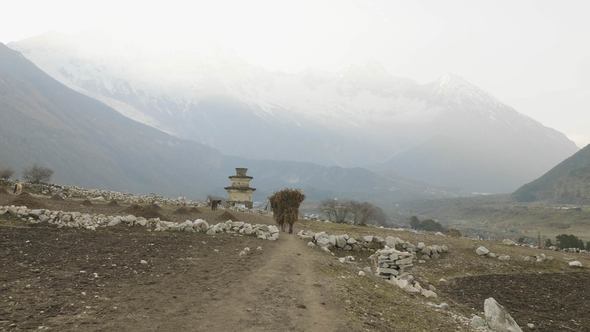 Local Farmers Carry Heavy Haystacks on the Heads in Nepal Manaslu Area