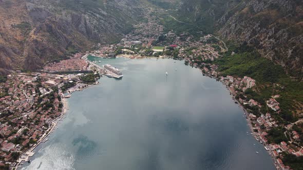 aerial view of Old town Kotor Montenegro on the coast of Boka bay in the Mediterranean. 