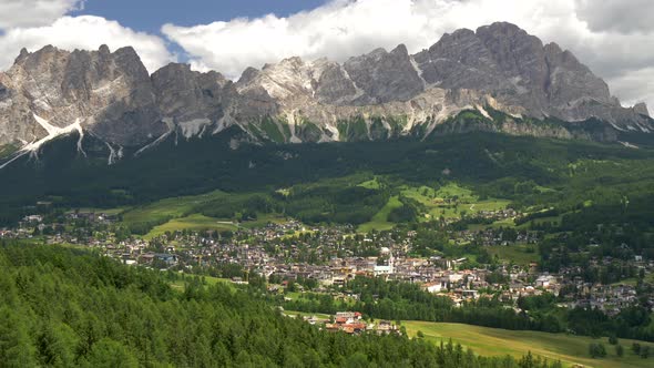 Cortina d'Ampezzo, Italy, Panning Shot of Alpine Green Landscape and Dolomites Alps, Province of