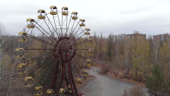 Chernobyl Exclusion Zone. Pripyat. Aerial. Abandoned Ferris Wheel.