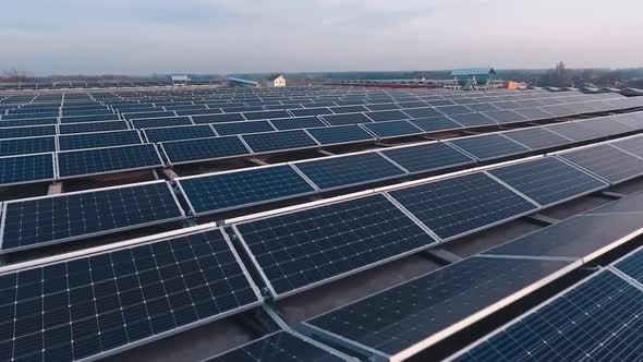 Flying over the rows of blue solar panels. 