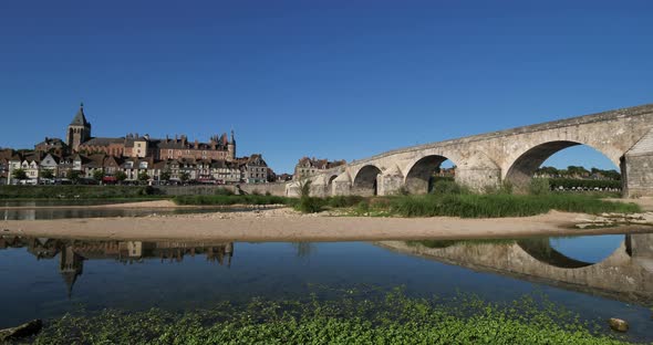 Gien, Loiret department, France. Low water level in the Loire river during a dryness season.