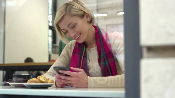 Technology. Smiling woman using mobile phone in cafe indoors