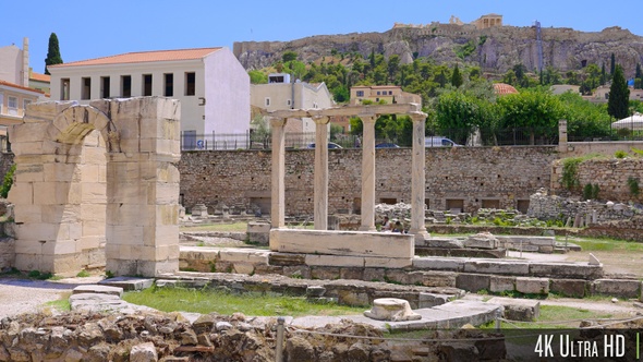 4K Roman column remains at the Hadrian's Library in Athens, Greece