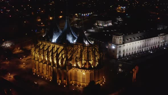 Turn Around Cathedral of St Barbara and Old Jesuit College in Kutna Hora at Night Bohemian Region