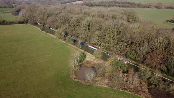 Narrow Boats On Grand Union Canal Aerial View Warwickshire Landscape