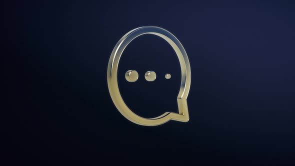 Golden Icon. Chat Speech Bubble Icon With Dots Rotate Around it Axis on a Dark Blue Studio Backdrop. alt