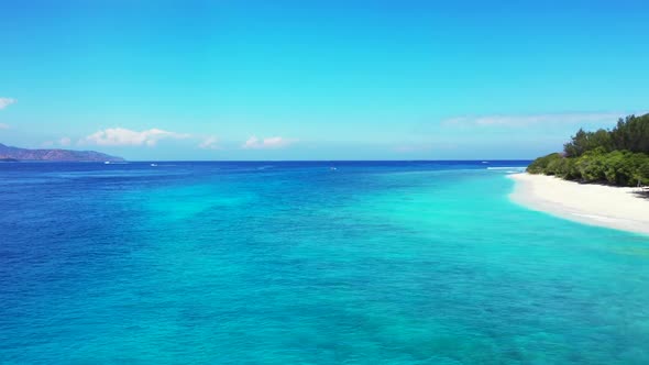 Aerial flying over seascape of relaxing lagoon beach voyage by shallow sea and white sand background