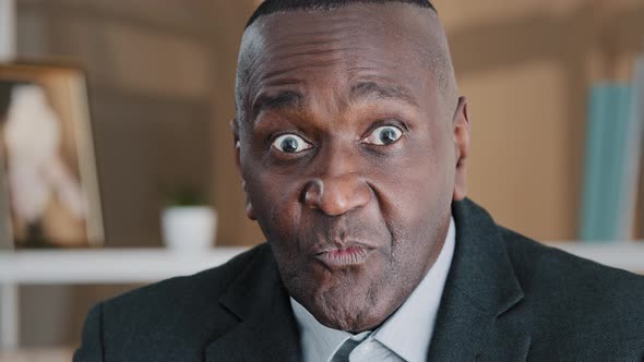 Close Up Old Wrinkled Male Face Surprised Amazed African American Man Makes Big Eyes Feels Shock