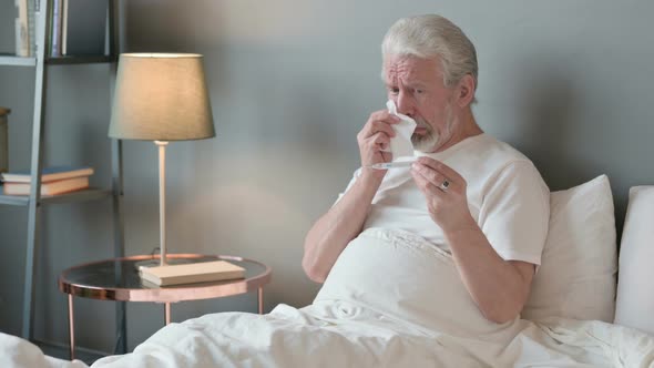 Old Man Sneezing Checking Temperature in Bed, Thermometer 