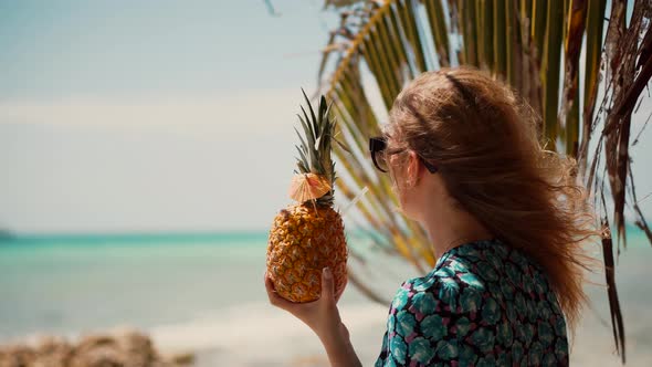 Blonde Travel Girl Relaxing On Caribbean Beach Saona Island. Tropical Beach Happy Female.