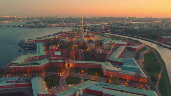 Drone Flies Up to the Peter and Paul Cathedral and Fortress at Evening the Sights of St