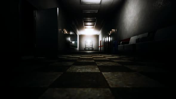 Empty Dark Hospital Laboratory Corridor