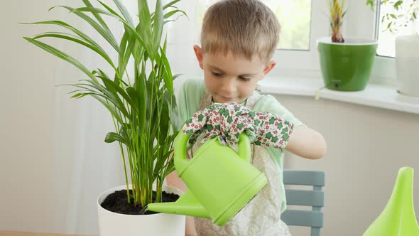 Happy Smiling Boy in Gloves and Apron Watering Plants After Planting Them at Home