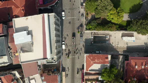 Taksim Tram and Subway Entry on Famous Shopping Street in Istanbul with People, Aerial Birds Eye