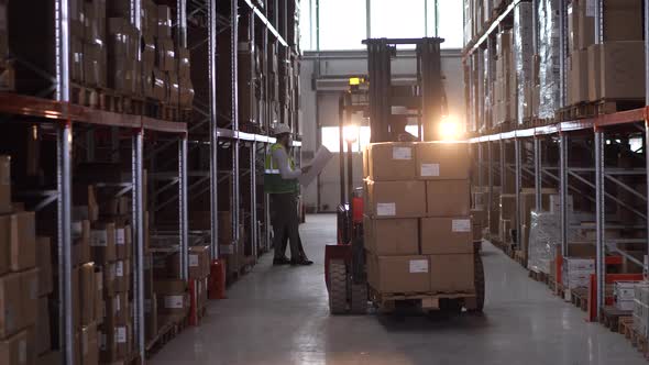 Forklift Driver Lifting Boxes Up in Warehouse
