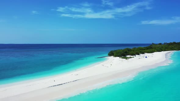 Aerial travel of relaxing island beach journey by transparent lagoon and white sandy background of a