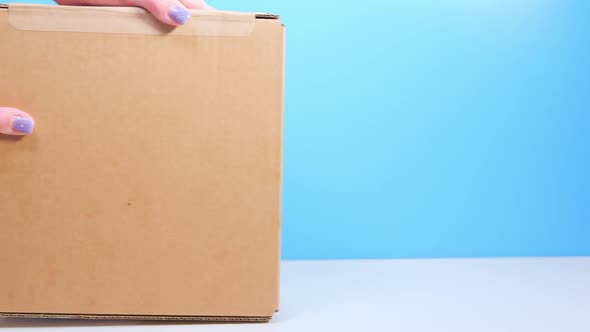 Courier Girl Passes Cardboard Box to Buyer