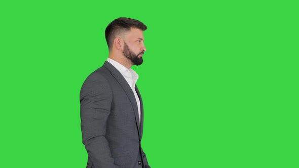 Serious Turk Businessman Formal Suit Walking Green Screen Chroma Key