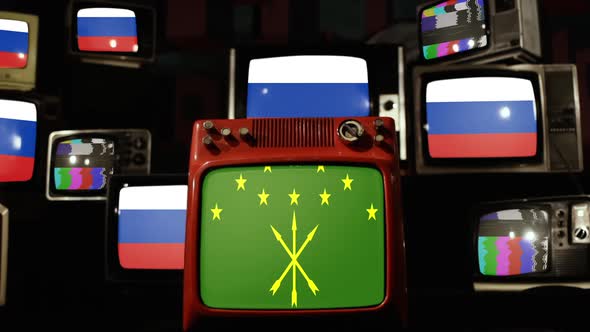 Flag of Adygea and Flags of Russia on Retro TVs.