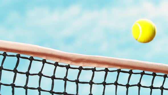 Super Slow Motion Detail Shot of Tenis Ball Hitting the Net on Top at 1000Fps