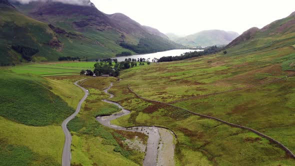 The Honister Pass looking towards Buttermere Lake from a drone.