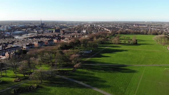 A panoramic view over Moor Park, Church of St Walburge and Tulketh Mill in Preston