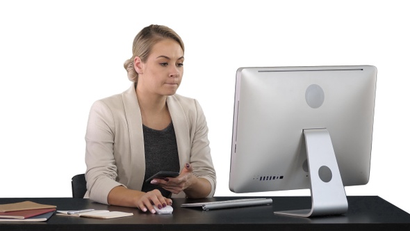 Woman Using Mobile Phone At Desk, white background