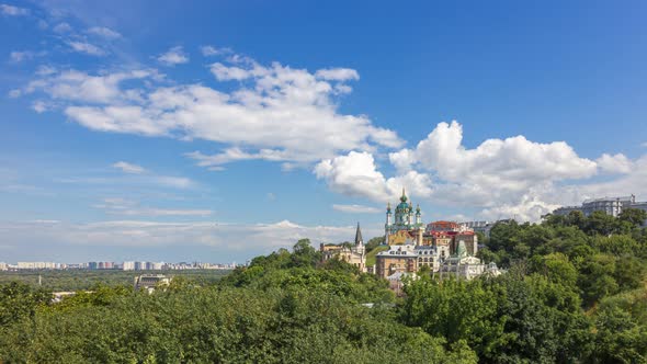 Famous St. Andrew’s Church and panorama of Kyiv city in Ukraine. 4k time lapse