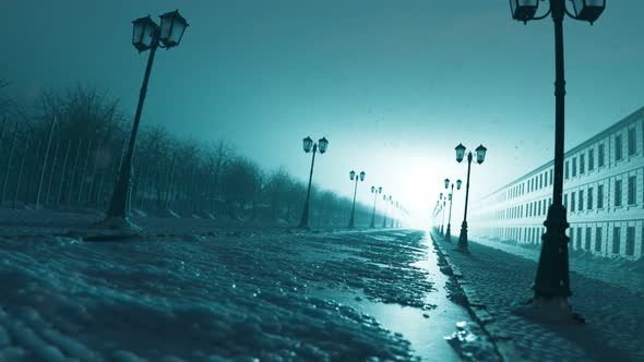 A vintage street covered with snow during snowy weather. Looping animation. 4KHD