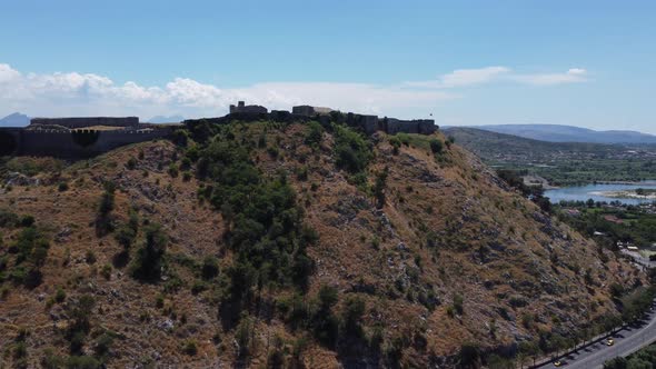 Tilting Aerial Footage of Remains of Fort Castle and Defense Walls in Shkoder a Small City in