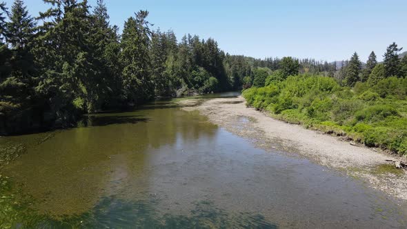 Drone shot of flying low and quickly over quiet creek on an early summer day in Sooke, British Colum