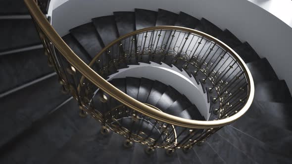 Dark, luxurious, glamour spiral staircase endless, seamless looping animation.4K