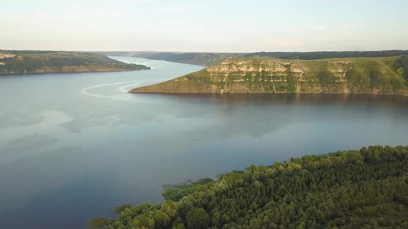 Aerial View of Wide Dnister River and Distant Rocky Hills in Bakota Area Part of the National Park