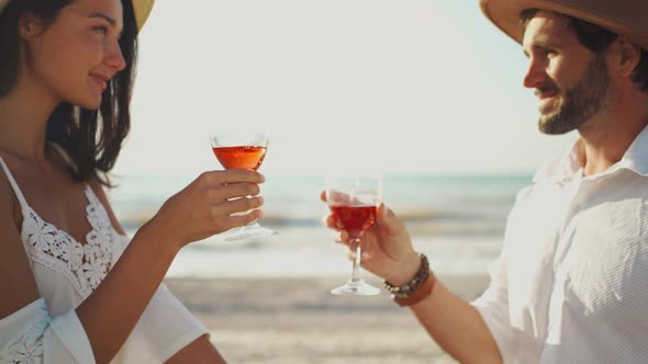 Close Up Hands Cheering Glassesof Wine on Sea Background