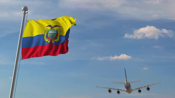 Airliner Passing Above National Flag of Ecuador