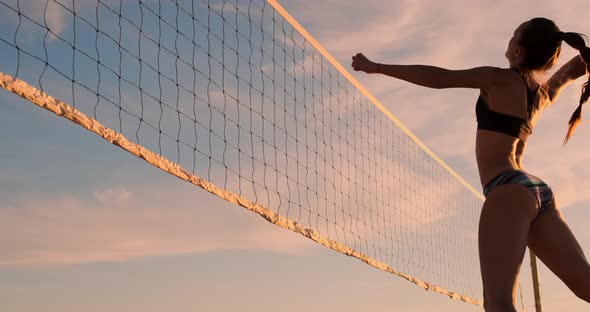 Young Female Volleyball Players Pass and Spike the Ball Over the Net on a Sunny Summer Evening. Fit
