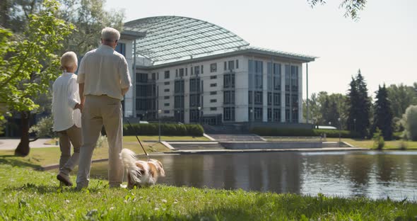 Full Length View of Cheerful Elderly Couple with Spaniel Standing Near Lake in Summer Park