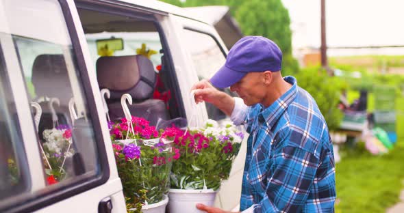 Male Farmer Loading Van Trunk With Hanging Plants