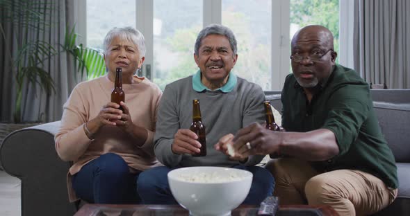 Happy mixed race senior couple and african american friend drinking beer and having fun