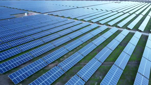 Solar power station. Power plant using renewable solar energy with sun. Solar panels producing green