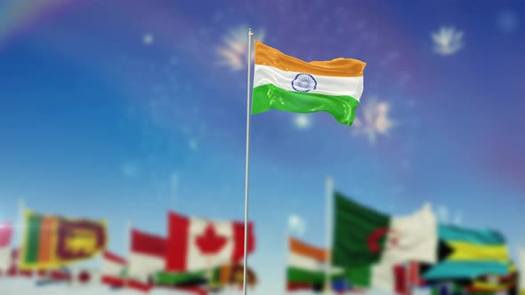 Flag of India With World Globe Flags And Fireworks 