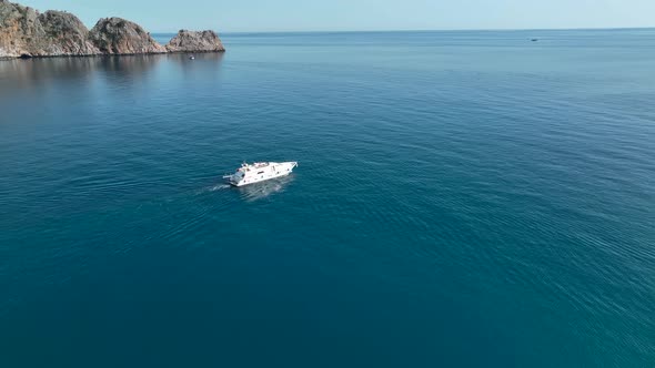 The yacht calls at the port aerial view 4 K