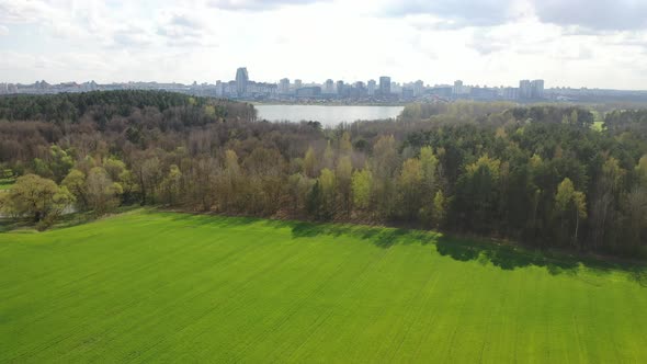 Slow Flight Over a Green Sown Field and Park with a View of the City of Minsk